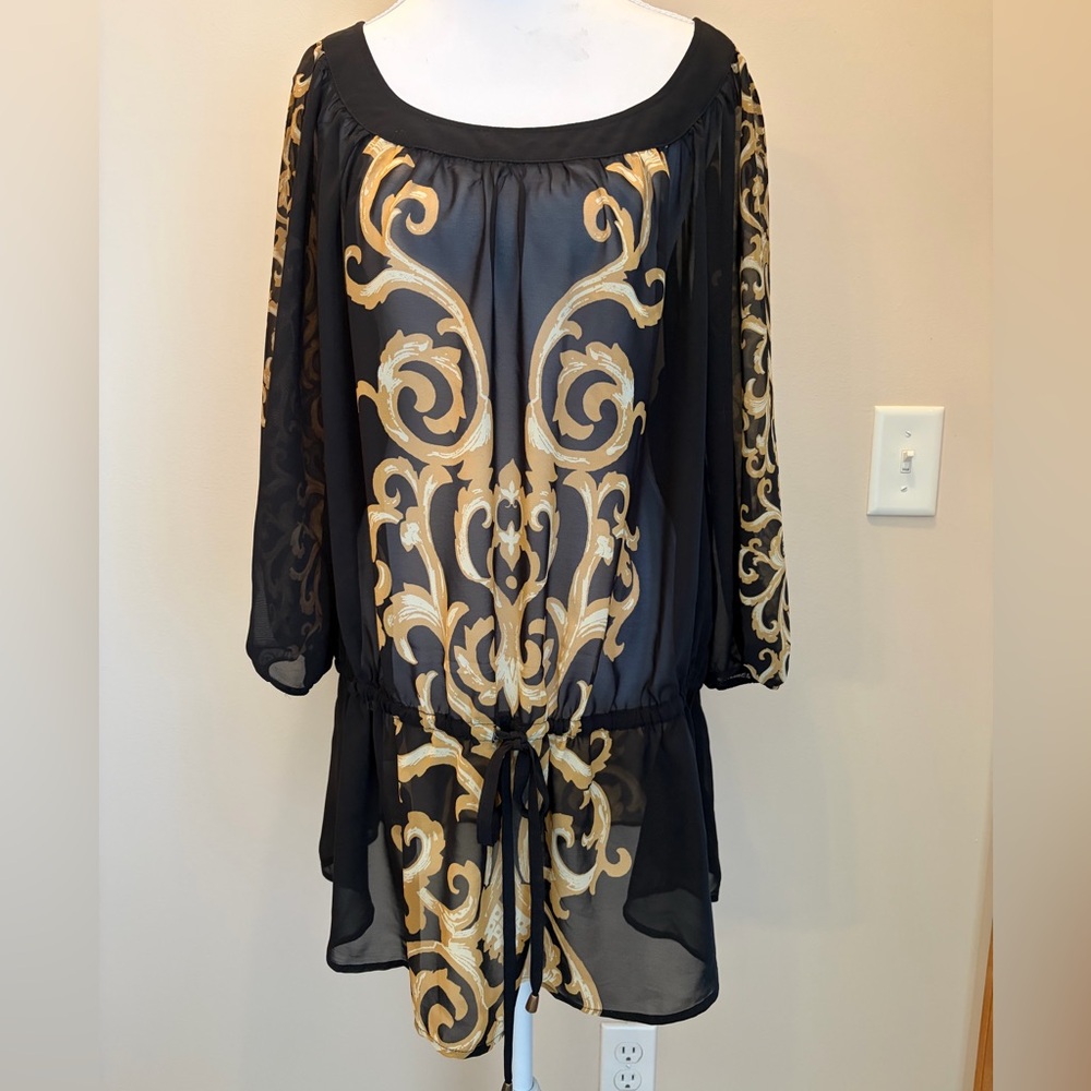 #440 Lane Bryant Like New Gorgeous Black Sheer Tunic with Gold Scroll Print